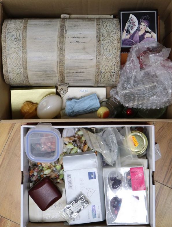 Two boxes of costume jewellery and jewellery-making items